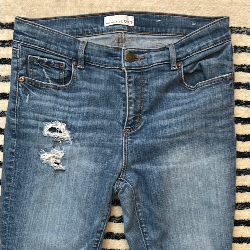 LOFT Blue Skinny Jeans with Distressed Details